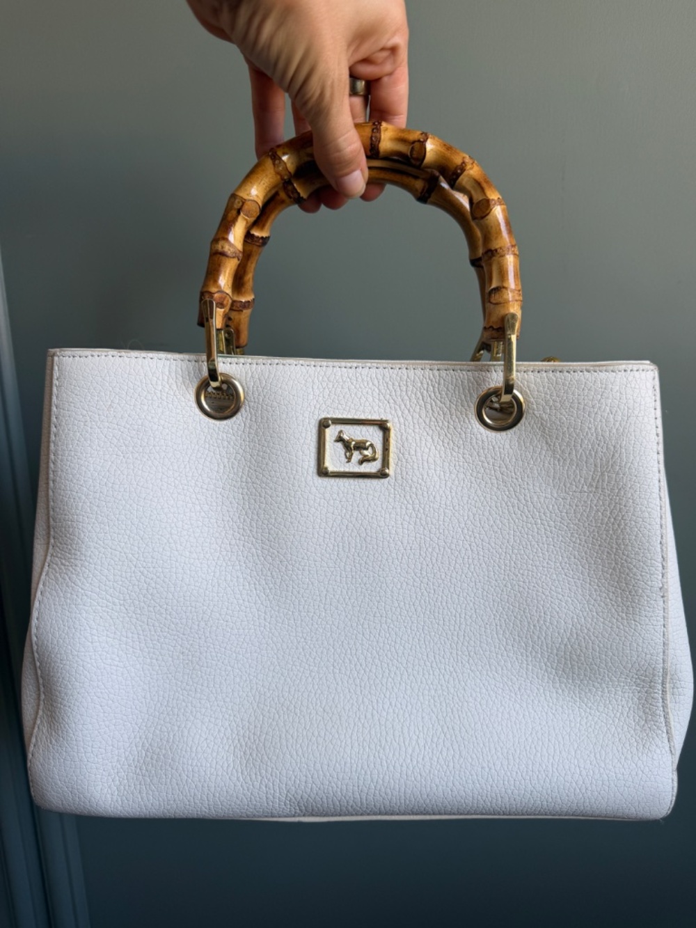 Emma Fox White Pebbled Leather Bamboo Handle Satchel Purse Gold tote bag